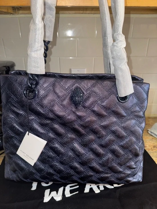 Kurt Geiger Metallic Deep Navy Quilted Tote with Chain-Trim Straps - Picture 1 of 15
